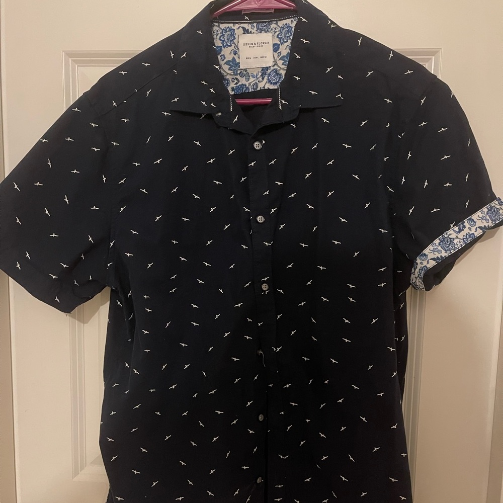 Denim & flower short sleeved dress shirt